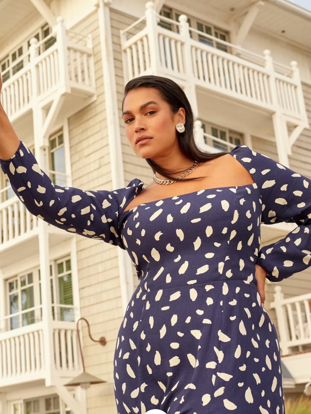 Reformation Square Neck Navy & Cream Printed Puff Sleeve Dress- Size 20